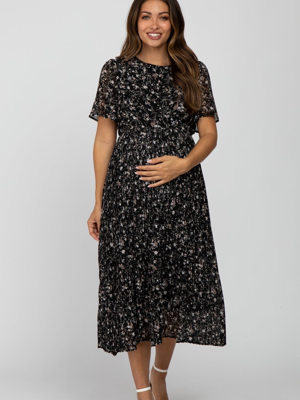 Pink Blush Black Floral Pleated Short Sleeve Chiffon Maternity Midi Dress